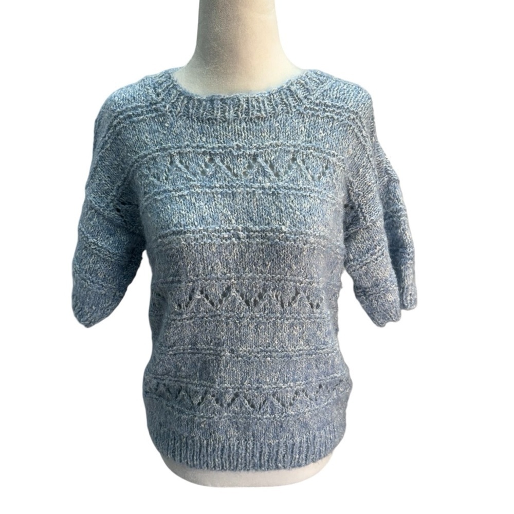 Handmade Hand Knit Blue Short Sleeve Short Sweater Size S